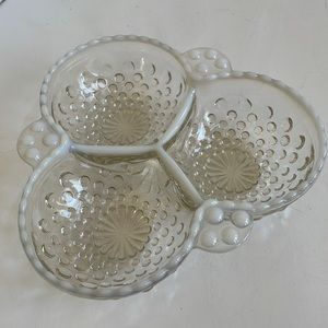 Vintage moonstone divided dish 1940s glass hobnail opalescent